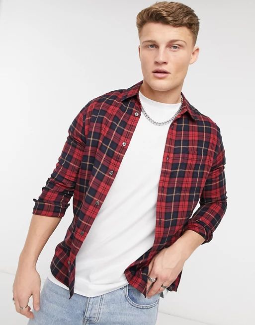 Burton Menswear long sleeve check shirt in red tartan