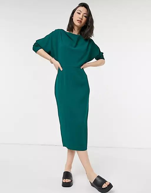 fallen shoulder midi pencil dress in forest green