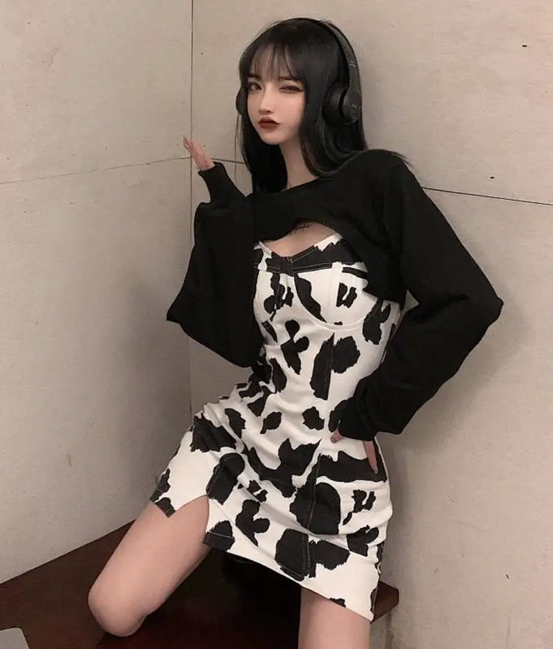 Cow pattern suspender dress