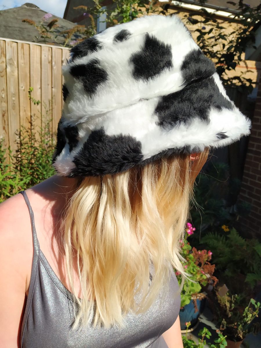 Cow print fluffy bucket hat