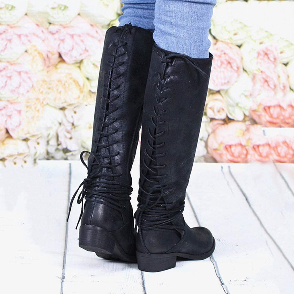 Cowboy Boots Women Knee High Boots Wide Calf Flat Lace Up Boots Retro Leather Country Boots Knee Length Boots