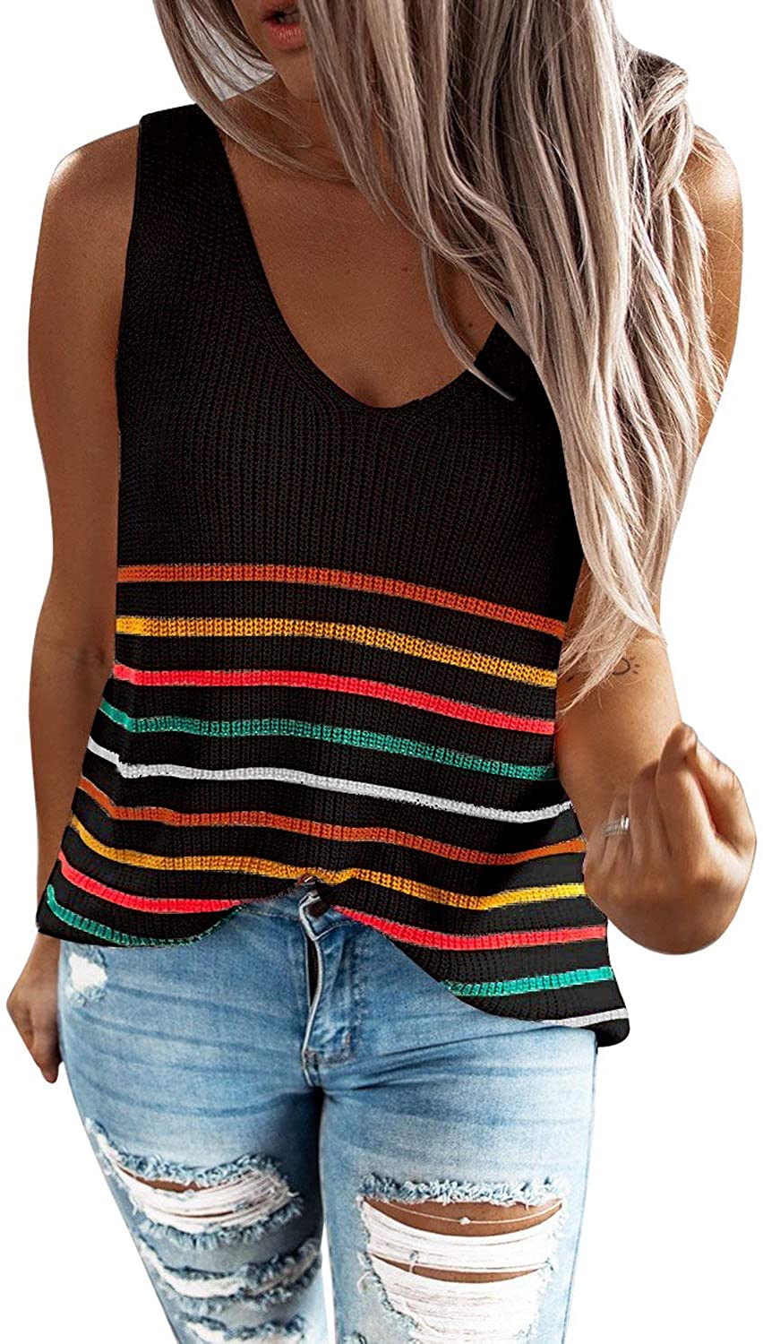 Dearlove Womens Striped Knit Tank Tops Casual Sleeveless Cami Blouse Shirts