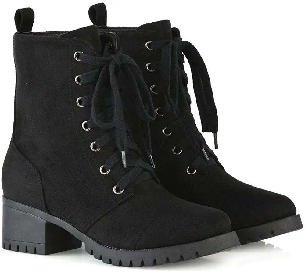 ESSEX GLAM Womens Low Heel Platform Ankle Boots Ladies Cleated Sole Combat Lace Up Shoes Size 3-8