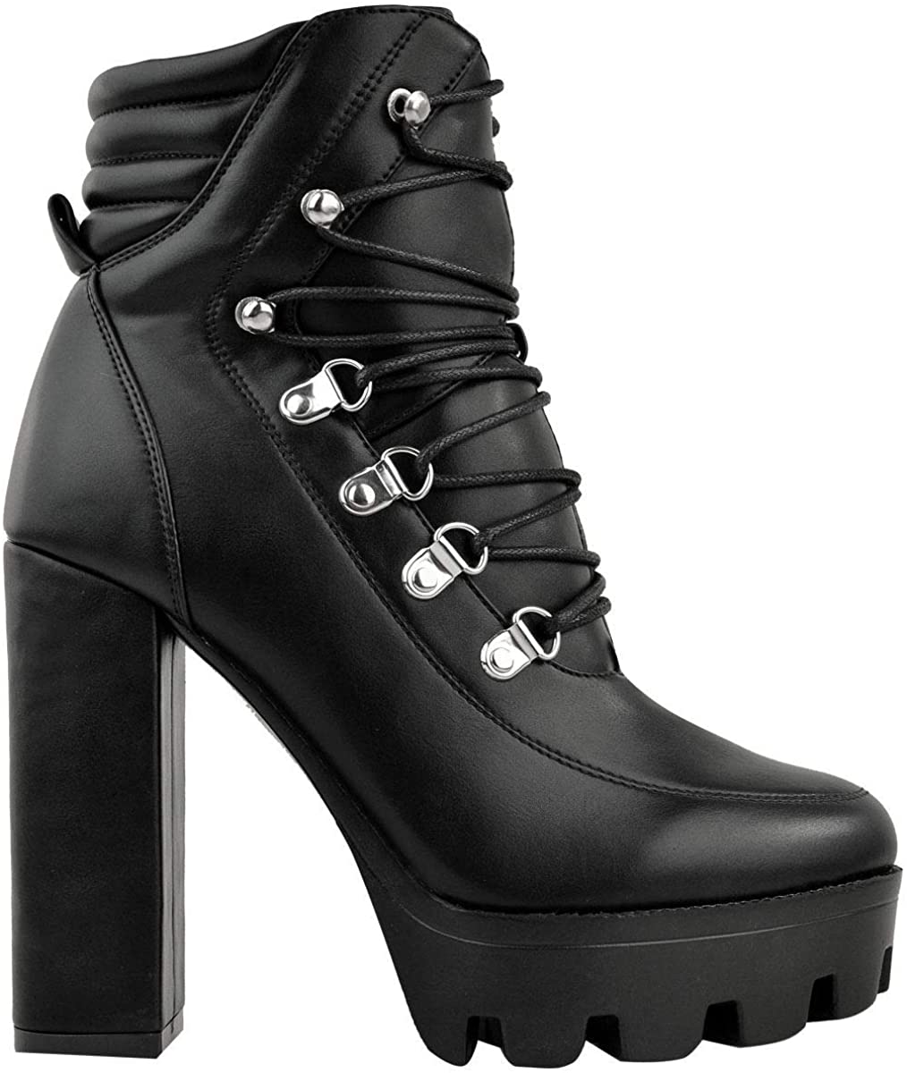 Fashion Thirsty Womens Ladies High Block Heel Platform Ankle Boots Black Goth Punk Lace Up