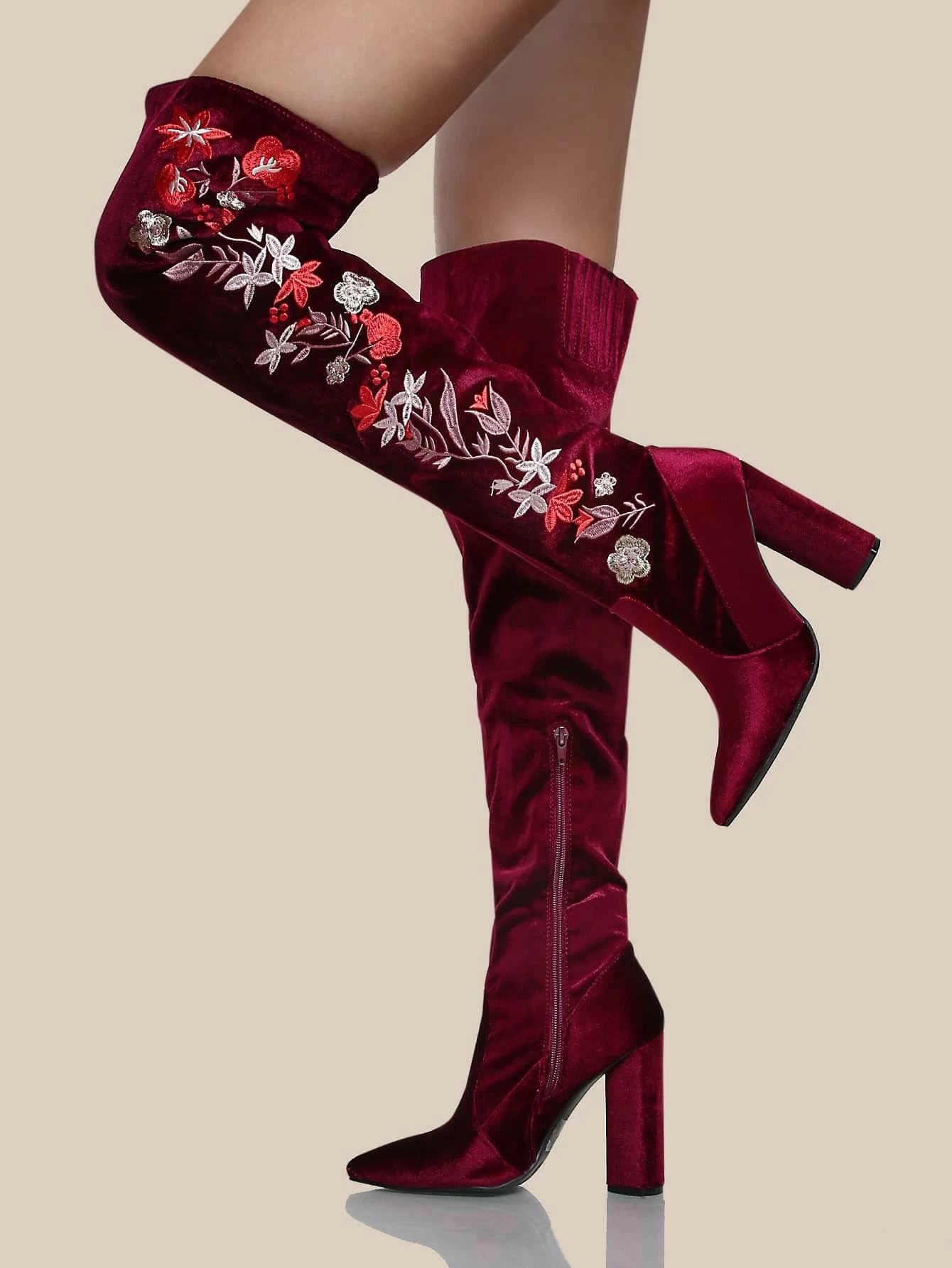 Floral Embroidered Point Toe Thigh High Boots GARNET