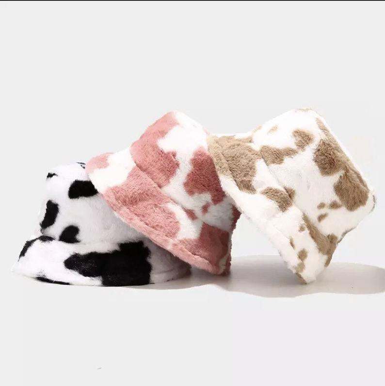 Fluffy cow print bucket hat