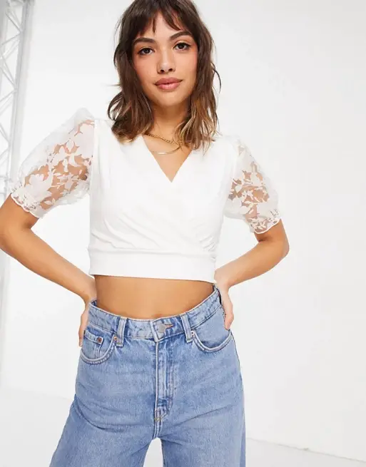 French Connection Sam jersey puff sleeve top in white