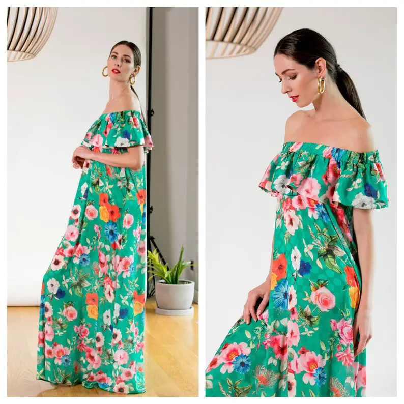 Green Floral Summer Dress by CherryBlossomsDress, Bardot Off Shoulders Boho Dress, Long Maxi Dress