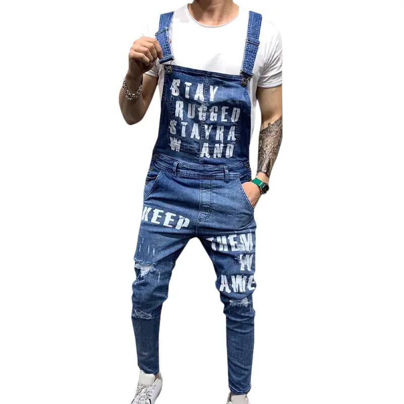 Mens Overalls Ripped Denim Jeans Letter Peinted Overalls Dungaree