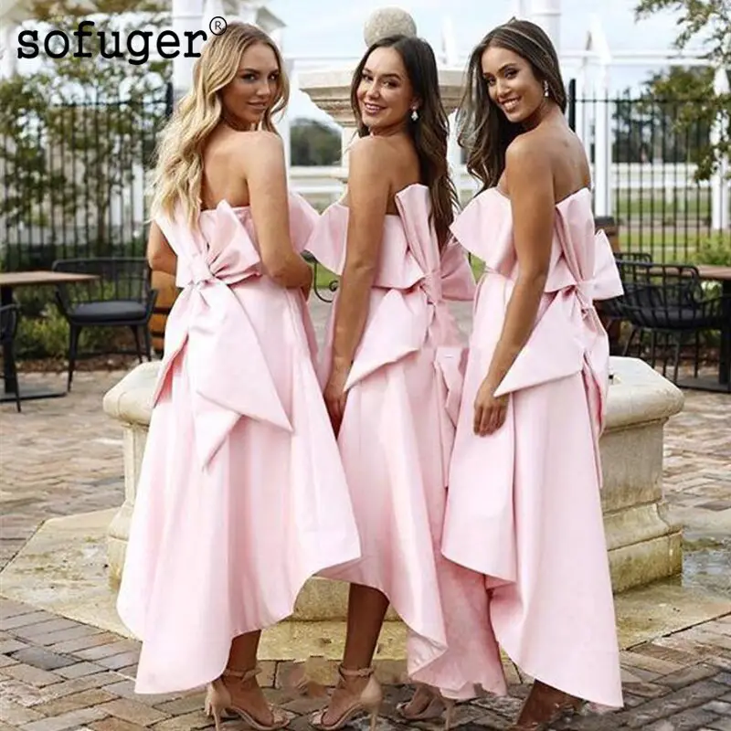 Sexy Pink Boat Neck Big Bow Back Satin Special Occasion Bridesmaid Dress