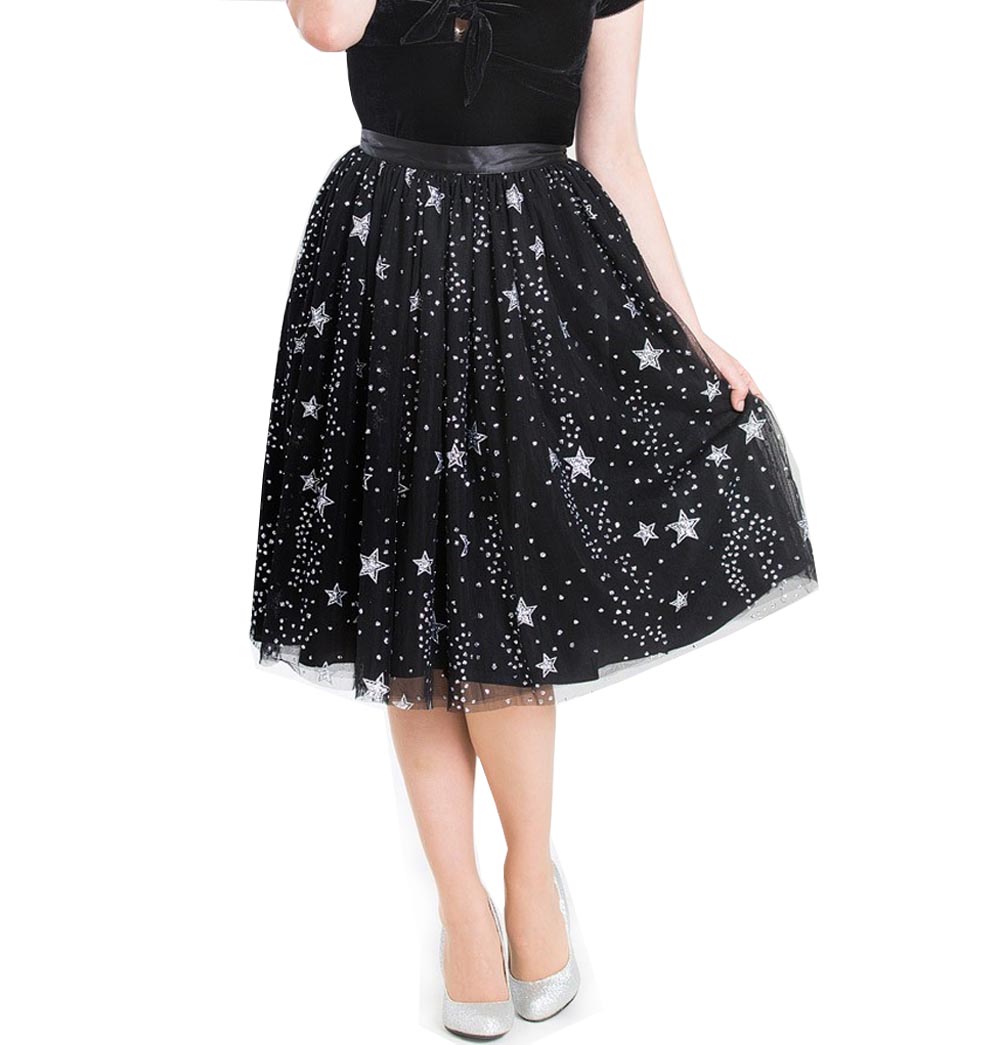 Hell Bunny 50s Black Twinkly Sparkly Skirt COSMIC LOVE Glitter Stars All Sizes