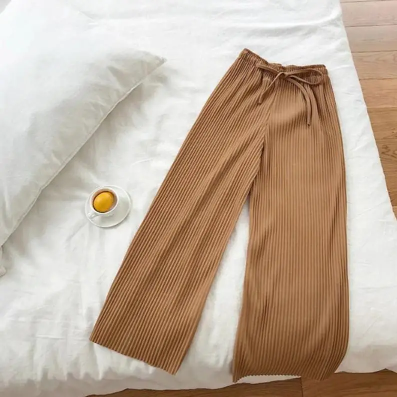 High Waist Cooling Pants Casual Drawstring Wide Pants, Gray, Brown, Green, Black