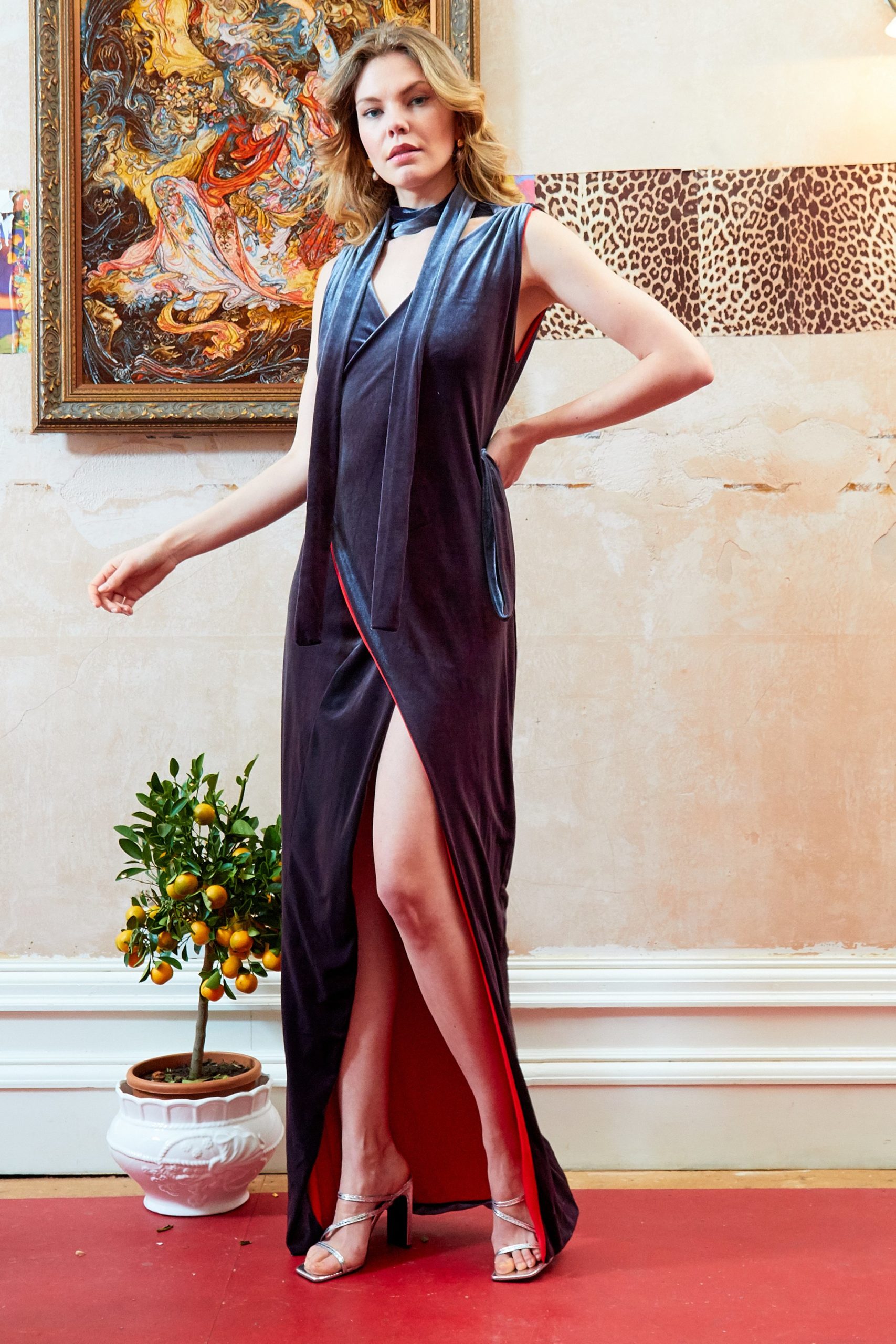 Velvet blend Silk Wrap maxi Dress