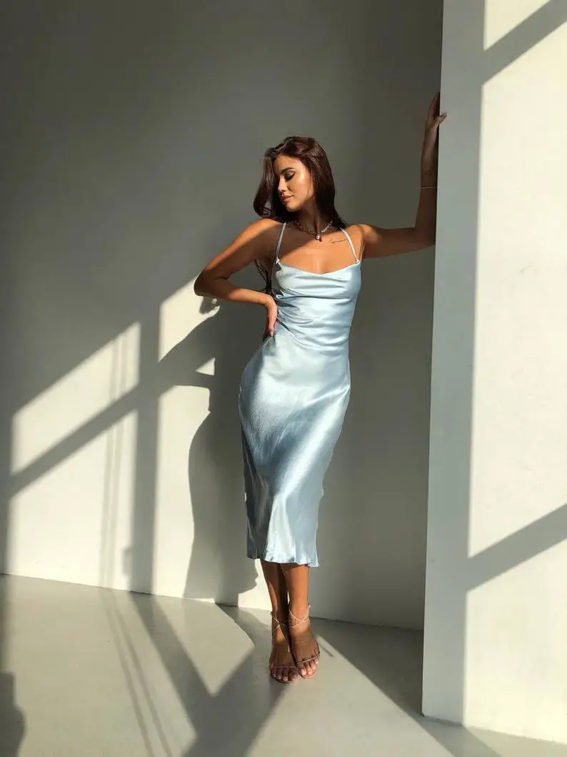 Light Blue Silk Slip Dress with Cowl Neck for Special Occasions, Backless Blue Midi Slip Dress, Sheath Dress for Bridesmaids, Birthday Girls