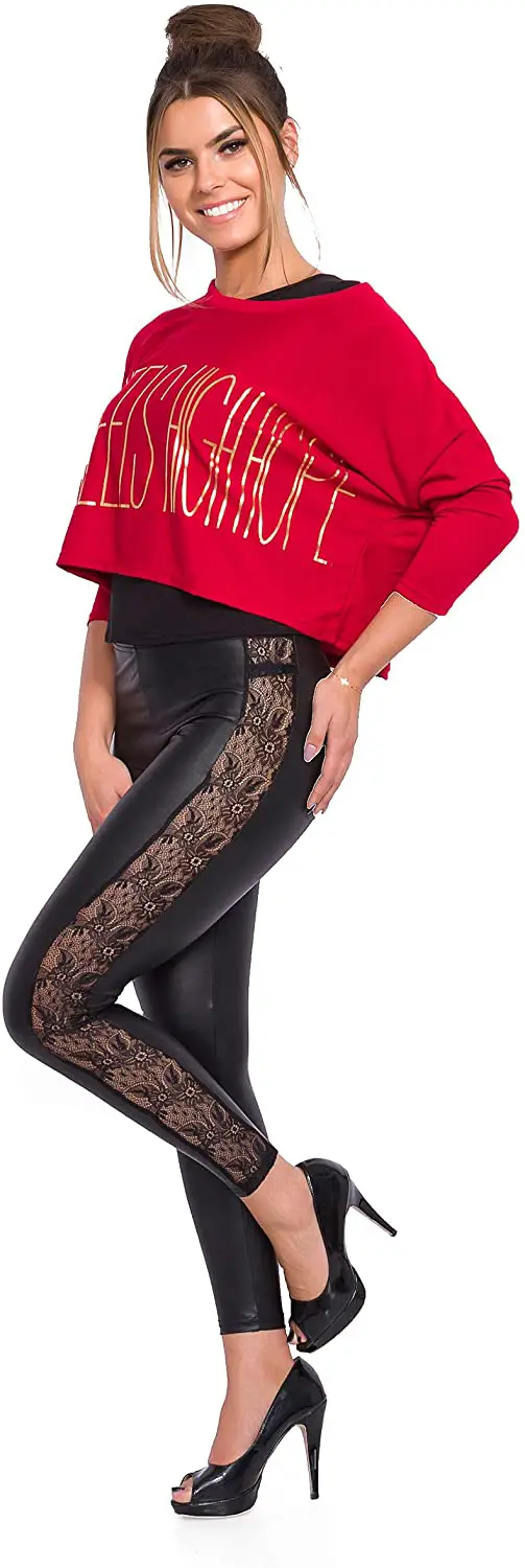 MITAAMI Womens Wet Look Leggings Full Length Black Mat Lace On Side Faux Leather Sizes 8-22 LPX