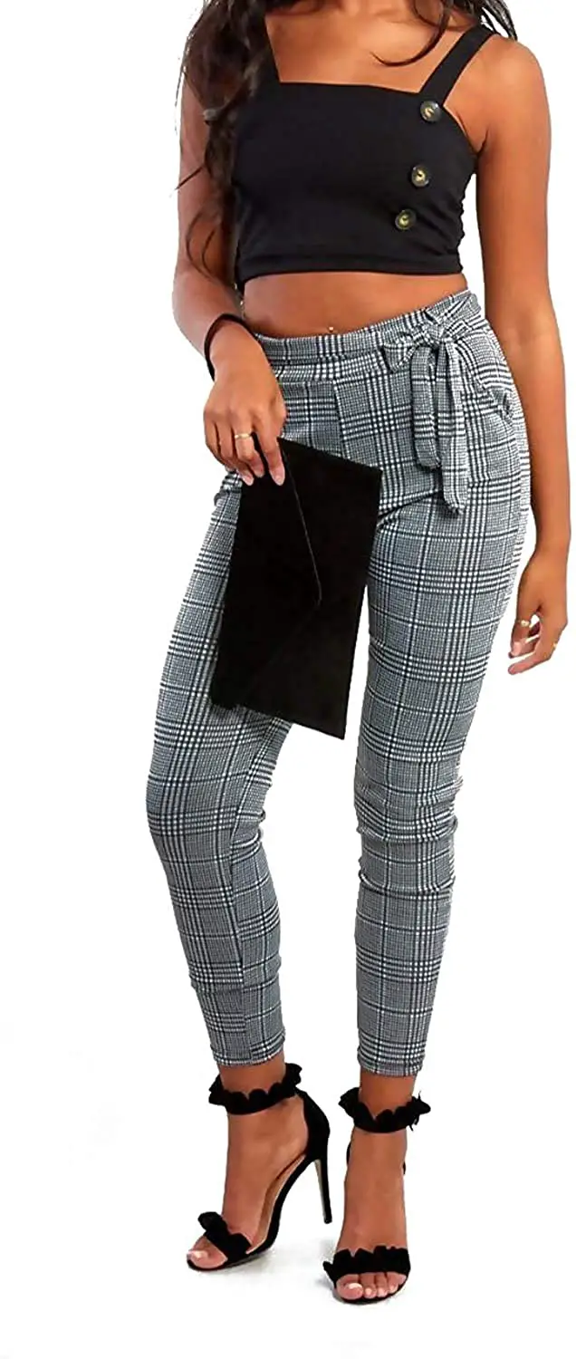 MIXLOT New Womens Ladies Sexy Gingham Check Belted Trousers Ladies High Waist Leggings Causal Fit Pants Trouser