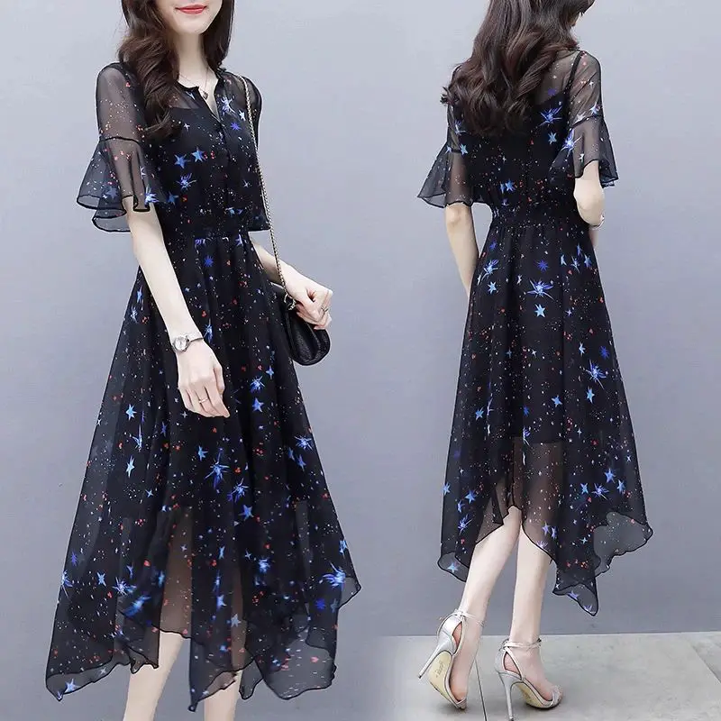 Manubeau Elegant Chiffon Women Long Dress Star Print Summer Black Sexy V-neck Maxi Dress Evening Party Female Dress Vestidos