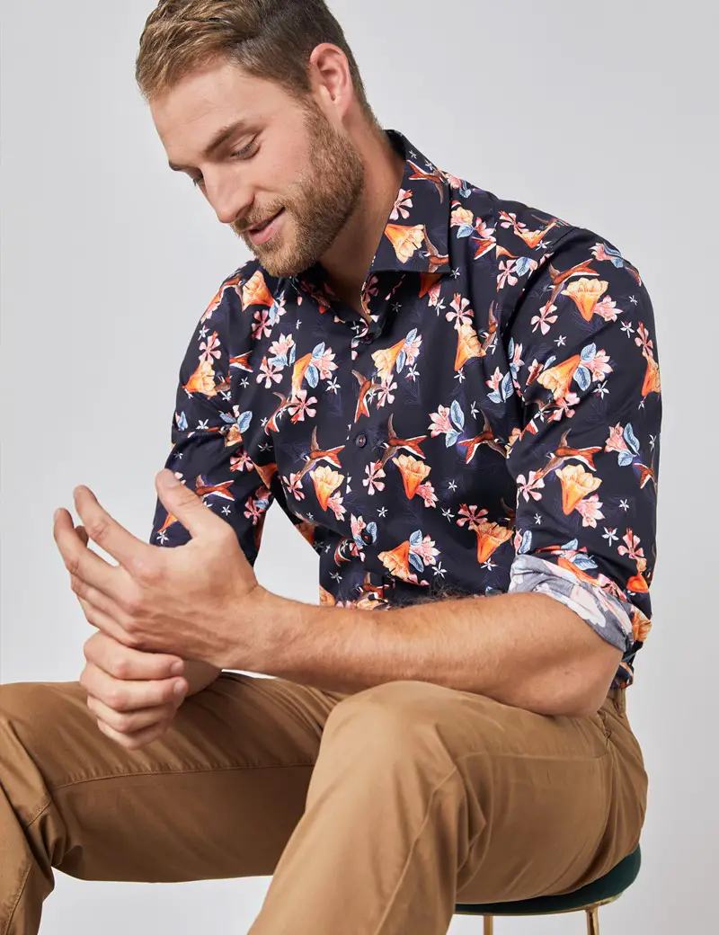 Men's Curtis Navy & Orange Birds and Floral Print Stretch Slim Fit Shirt - Single Cuff