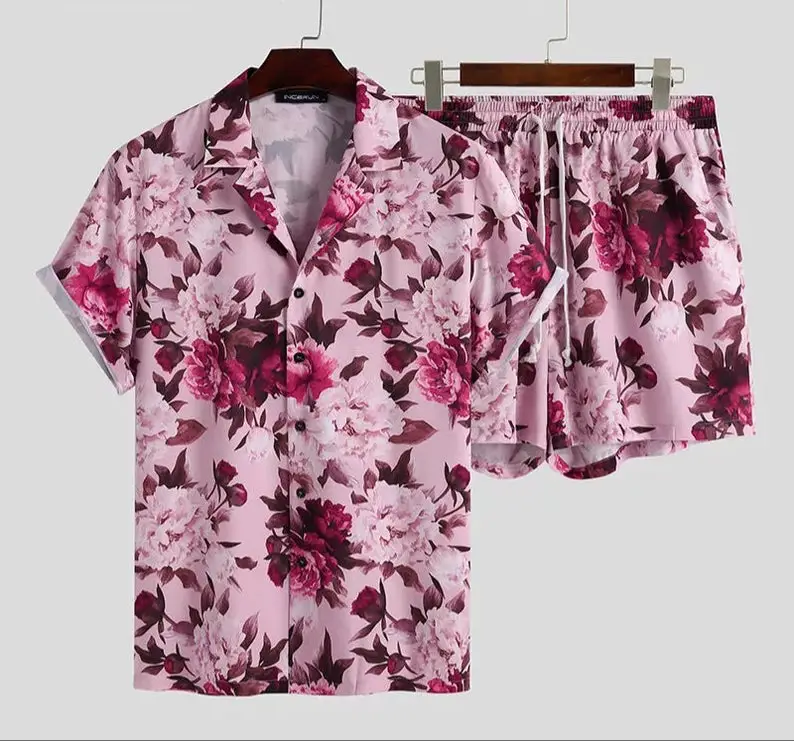 Mens matching floral 2 piece pink and black shorts and shirt beach set mens floral print pattern shirt mens floral shirts