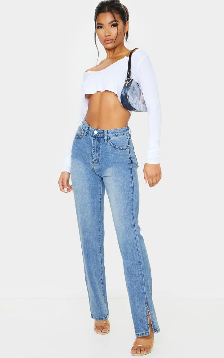 Mid Blue Wash Split Hem Straight Leg Jeans