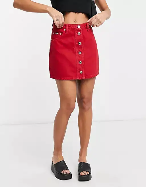 Minga London a line mini denim skirt in red with contrast buttons