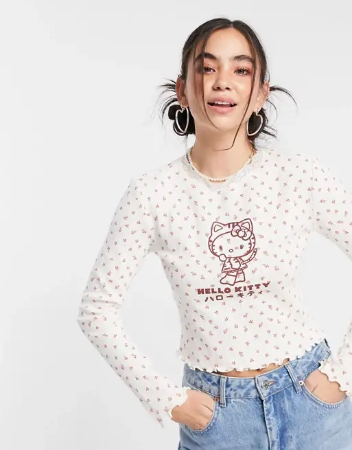 New Girl Order x Hello Kitty floral long sleeve ribbed top with lace neck and print