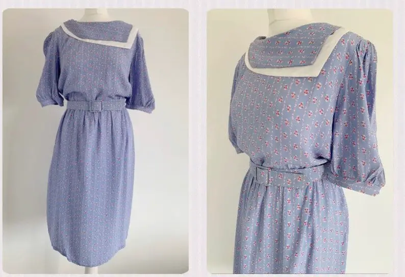 PRAIRIE COLONIAL 80s Dress ~ Size UK 12 14 Medium ~ British ~ Pale Blue/Violet Cute Ditsy Viscose Floral Belted Midi True Vintage Dress