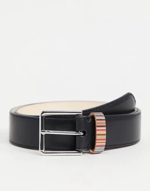 Paul Smith leather logo belt with classic stripe keeper in black