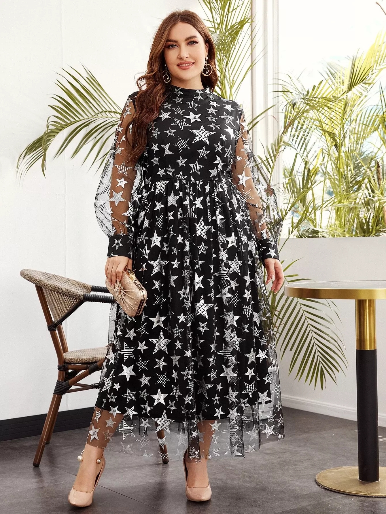 Plus Allover Star Pattern Lantern Sleeve Mesh Overlay Dress
