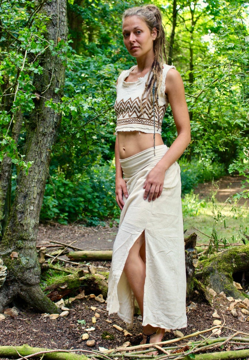 Raw Cotton White Maxi Skirt • Earthy Clothing Side Split Natural Fibre Skirt • Boho Hippy Gypsystyle Burning Man Festival • Calluna Clothing
