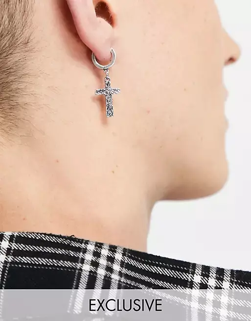 Reclaimed Vintage inspired the silver cross drop hoop earrings