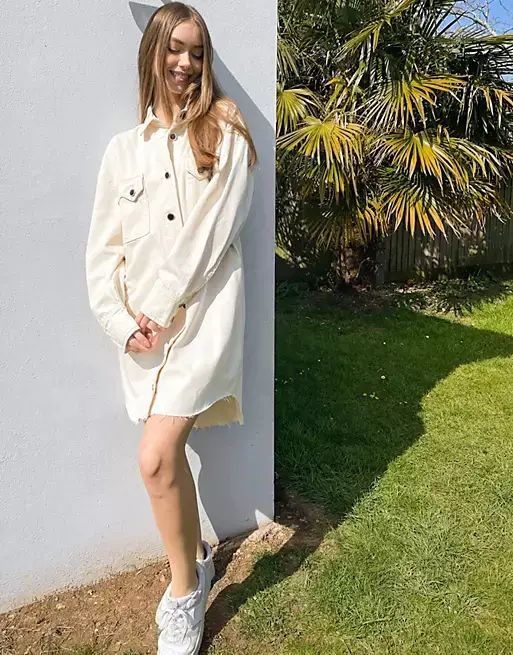 River Island cinched back denim mini shirt dress in ecru