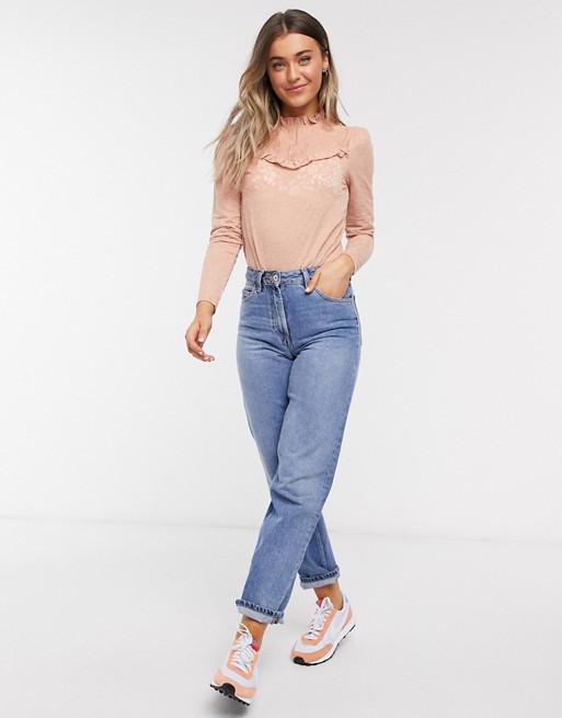 River Island frill long sleeved lace top in pink