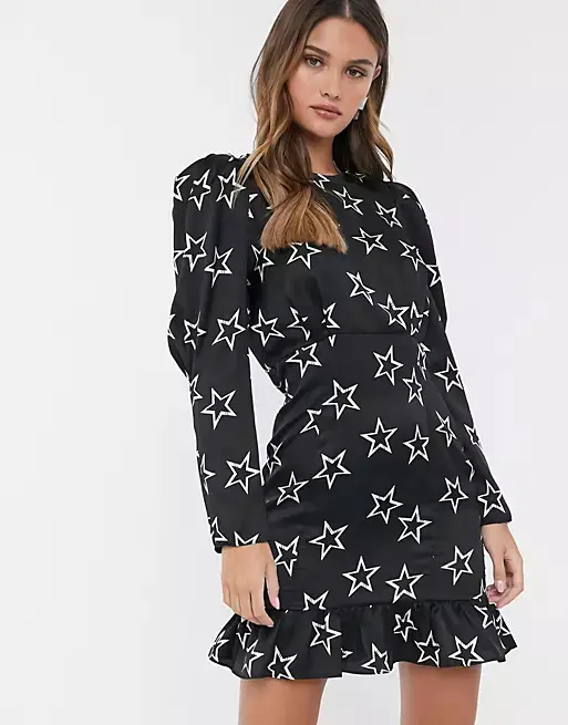 River Island mini dress with puff sleeves in black star print