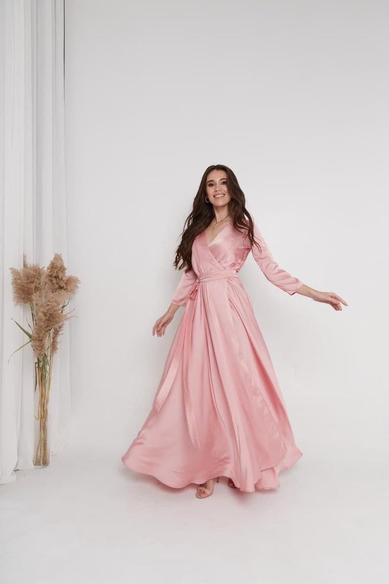 Rose Gold Silk Wrap Dress 3/4 Sleeve Dress Silk Wrap Dress Peasant Dress Half Sleeve Bridesmaid Dress Long Maxi Dress Goddess dress
