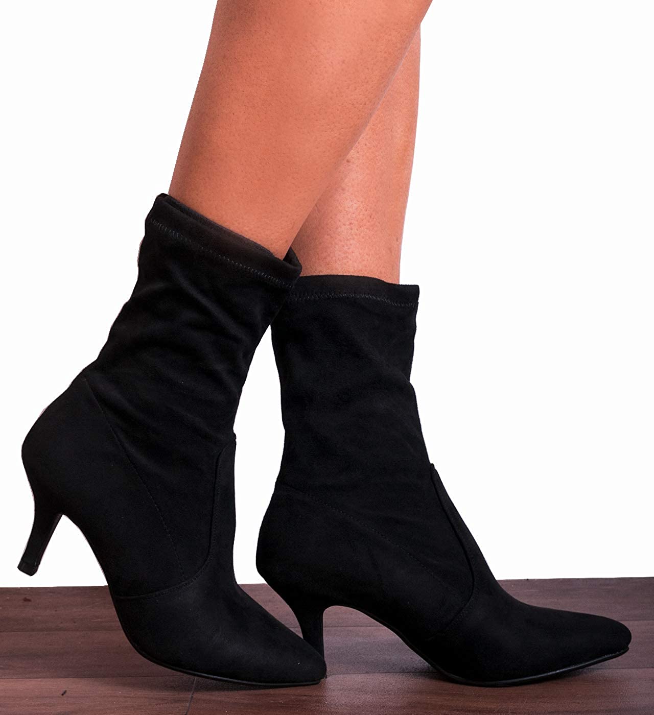Shoe Closet Ladies Black Sock Stretch Kitten Heel Ankle Boots