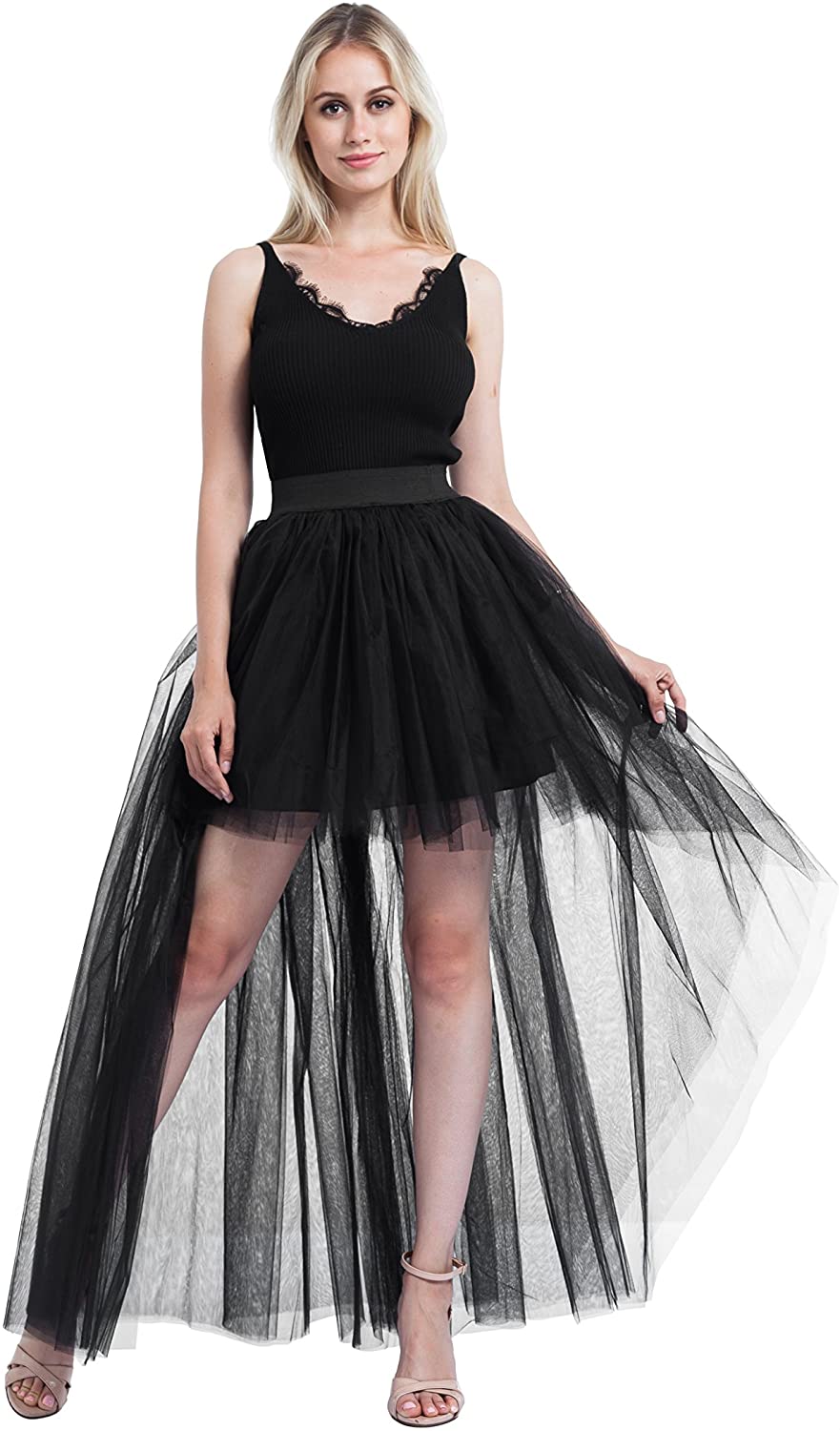ShowYeu Women's Lace Asymmetrical high Waist Tulle Skirt Swallowtail Punk Maxi Dress