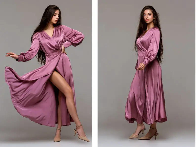 Silk wrap dress long sleeve - Custom made cocktail dress for wedding guest - Made to measure wedding guest dress petite to plus size