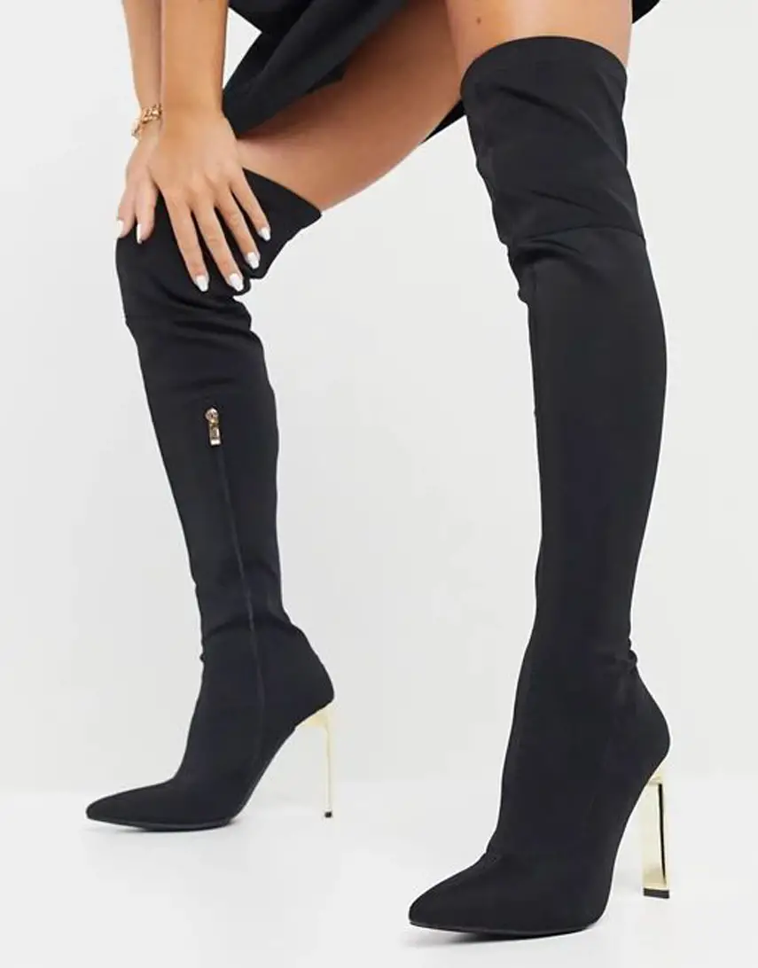Simmi London Liane stretch over the knee boots with gold heel in black