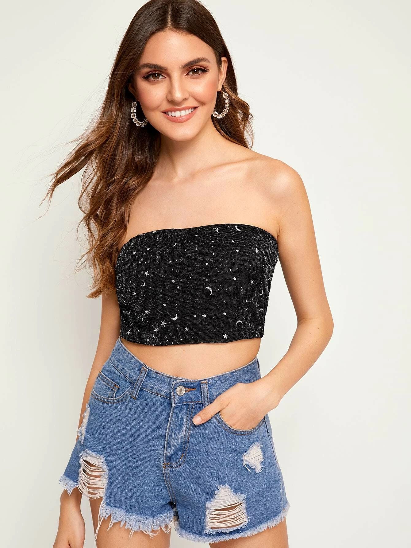Star And Moon Print Bandeau Top
