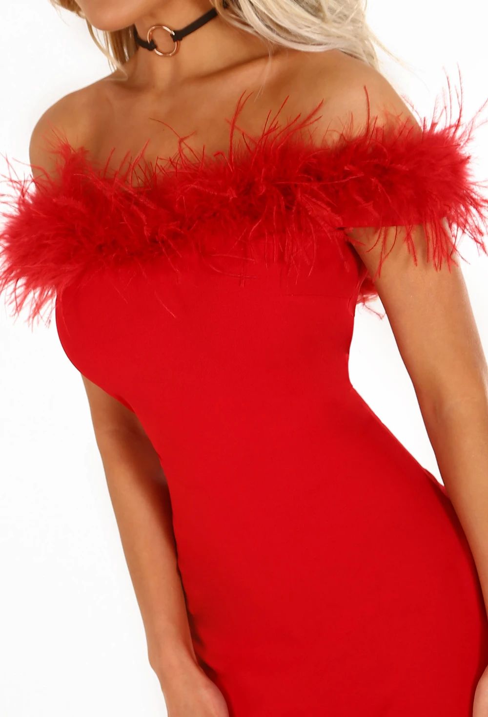 Stay Don't Stray Red Feather Trim Bardot Midi Dress