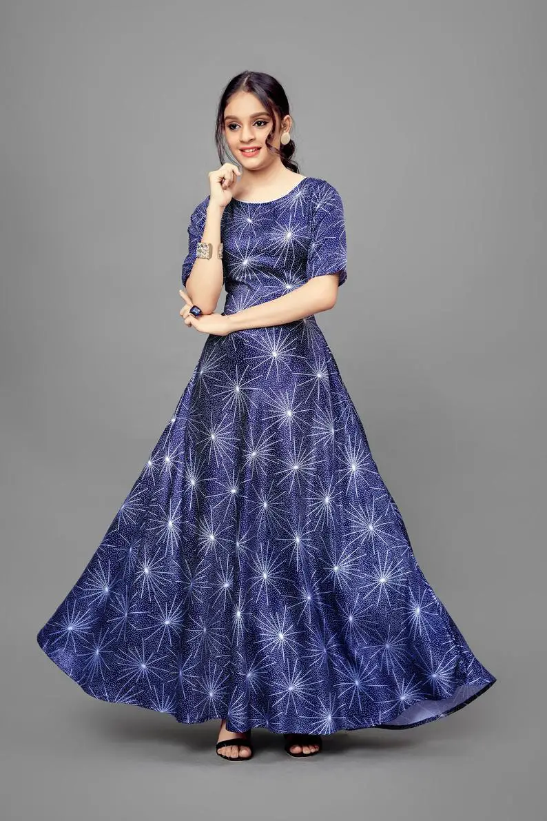 Stylish Flared Star Printed Satin Fully Stitched Indian Party Wear For Girls/Tradition Short Sleeve Maxi Look Gown/Indian Ethnic Wear