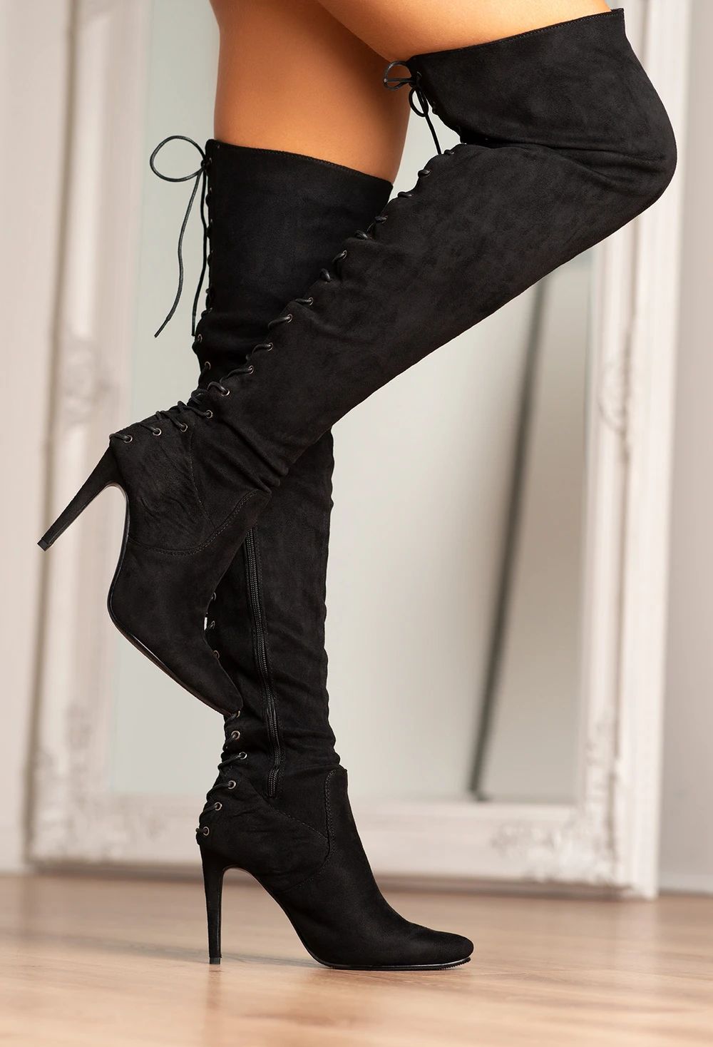 Sultry Nights Black Lace Up Knee High Stiletto Boot