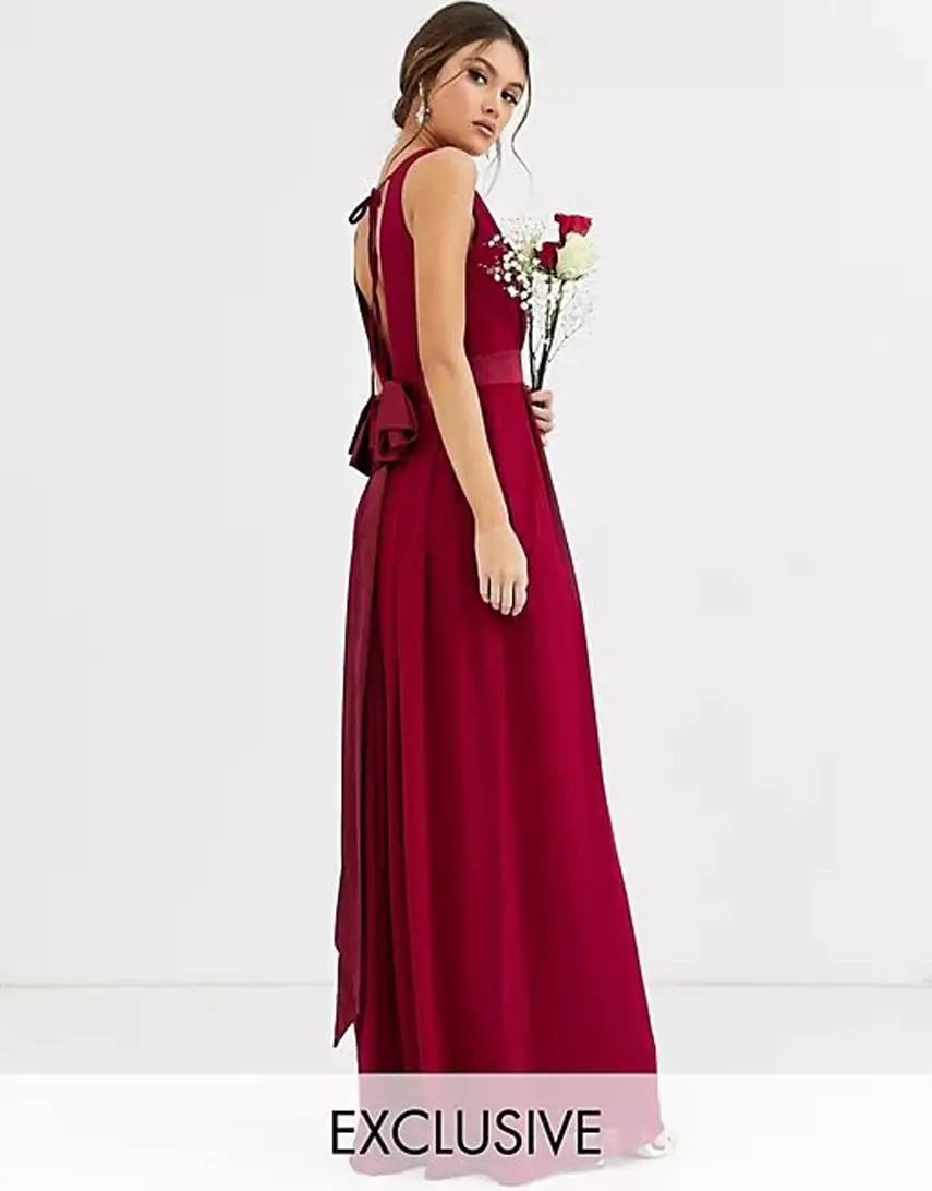 TFNC Bridesmaid maxi dress with bow back in mulberry