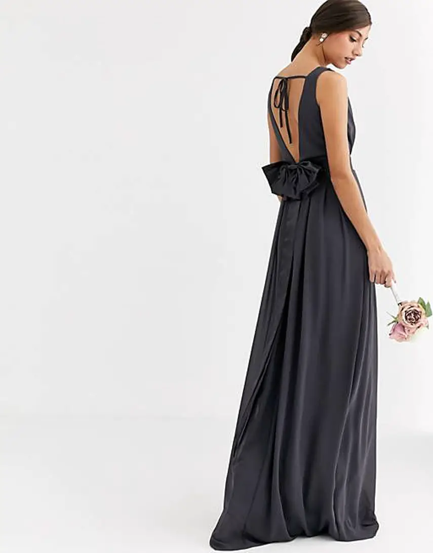 TFNC Tall Bridesmaid maxi dress with bow back in grey