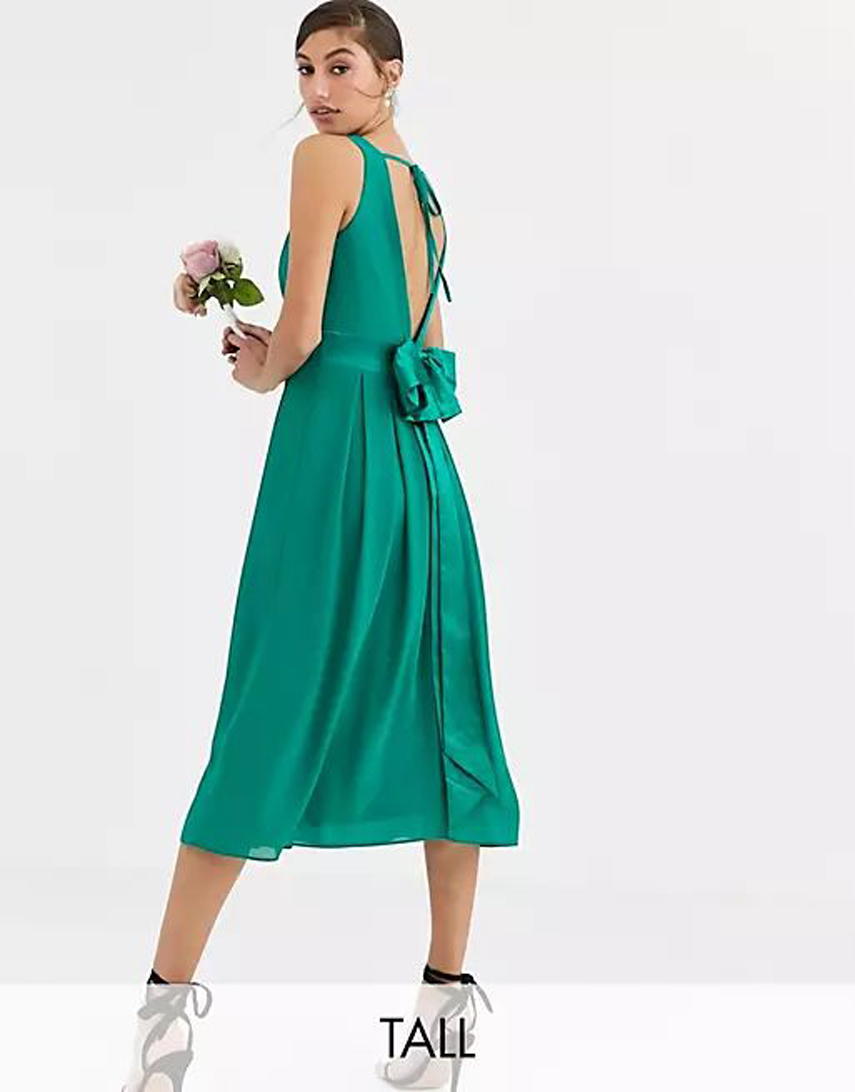 TFNC Tall Bridesmaid midi dress with bow back in emerald green