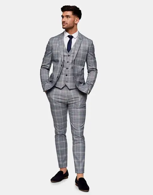 Topman check skinny fit suit trousers in grey
