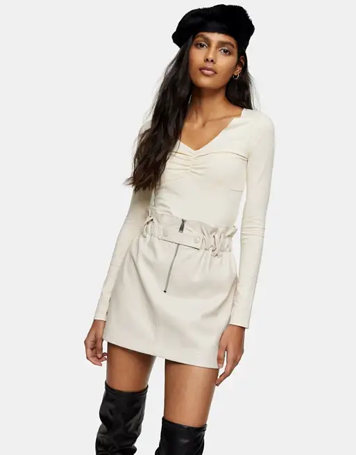 Topshop faux leather zip detail paperbag mini skirt in cream