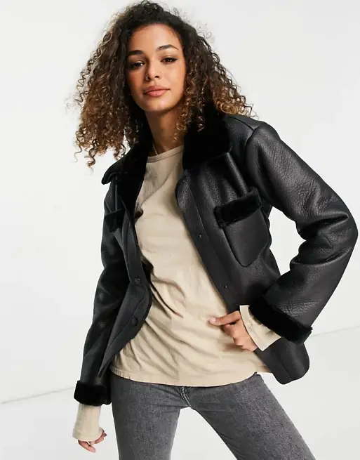Topshop faux shearling tie waist jacket in black