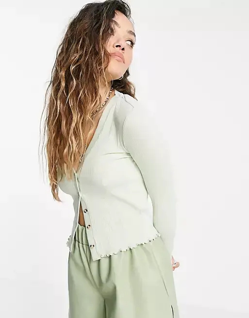 Topshop ribbed button through cardigan in sage